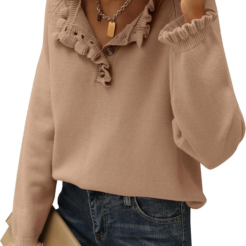 Womens Sweaters Fall Winter Clothes 2025 Long Sleeve Button Down Ruffle Crew Nec